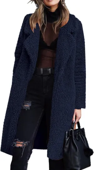 Angashion Women's Fuzzy Fleece Lapel Open Front Long Cardigan Coat Faux Fur Warm Winter Outwear Jackets
