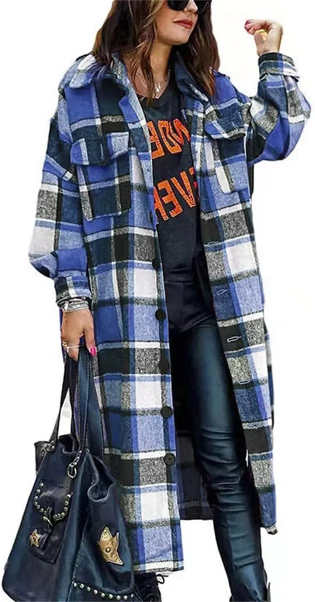 Canbebig Women Lounge Lapel Button Down Long Plaid Jacket Winter Boyfriend Tartan Shirt Jacket Shacket Wool Blend Trench Coat