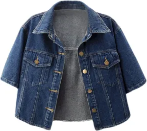 Denim Jacket for Women Cropped Jean Jackets Short Sleeve Button Down Versatile Coat Distressed Crop Trucker Jacket