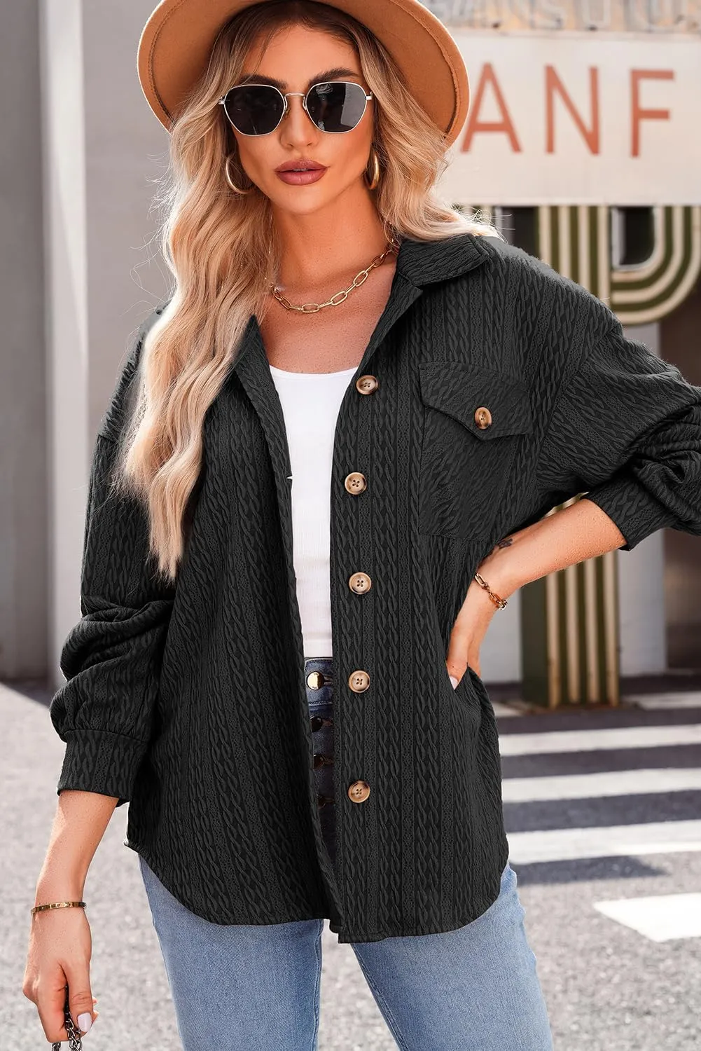 Dokotoo Womens Cable Knit Lightweight Shacket Button Down Shirts Long Sleeve Casual Oversized Blouses Tops