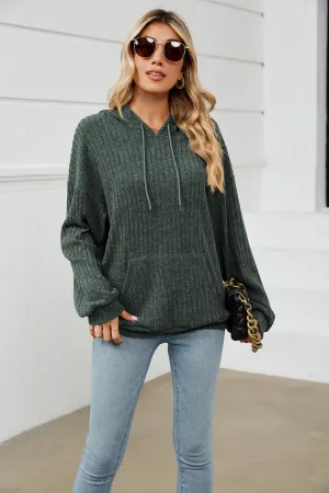 Drawstring Dropped Shoulder Ribbed Hoodie