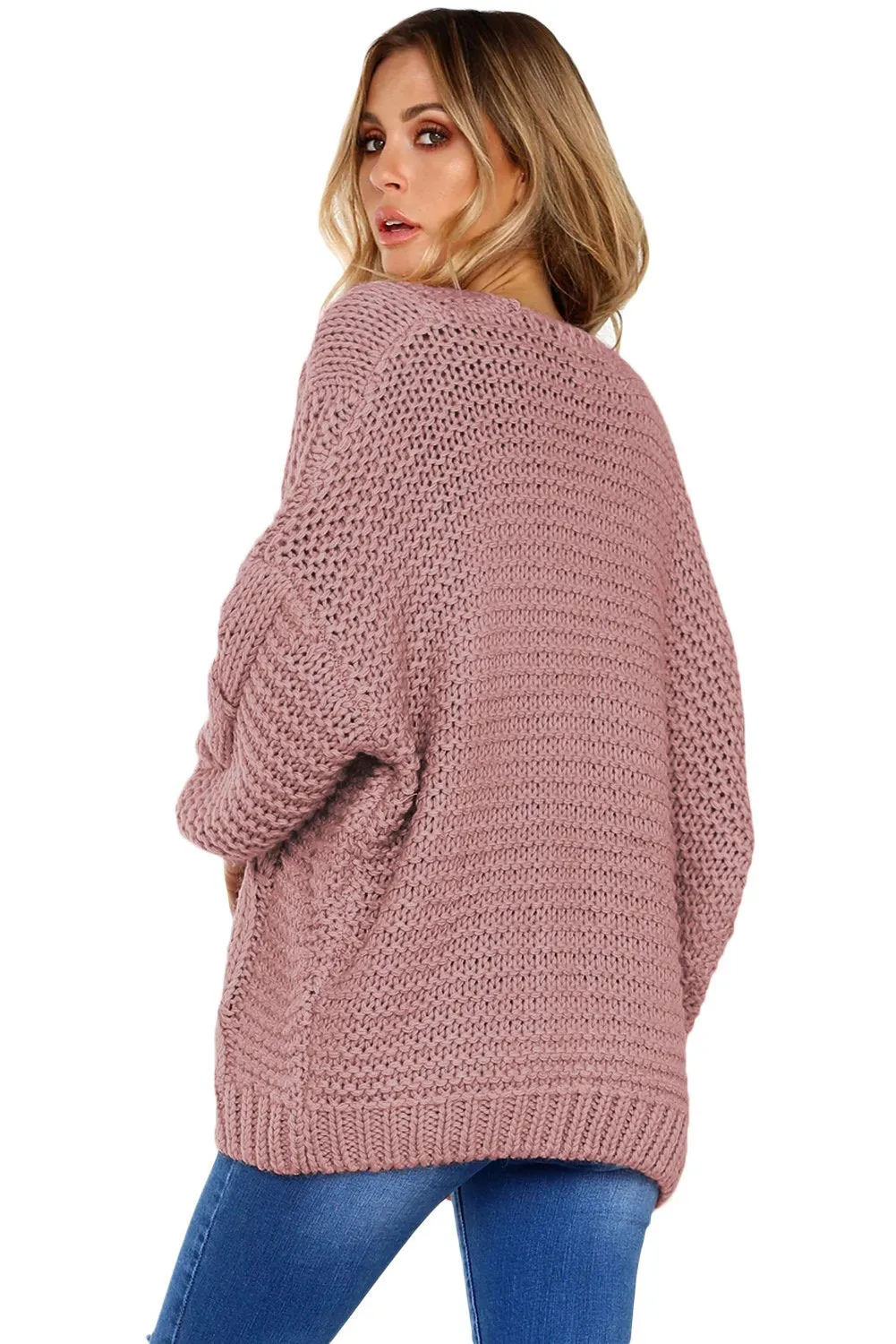 Fashion Pink Chunky Wide Long Sleeve Knit Cardigan