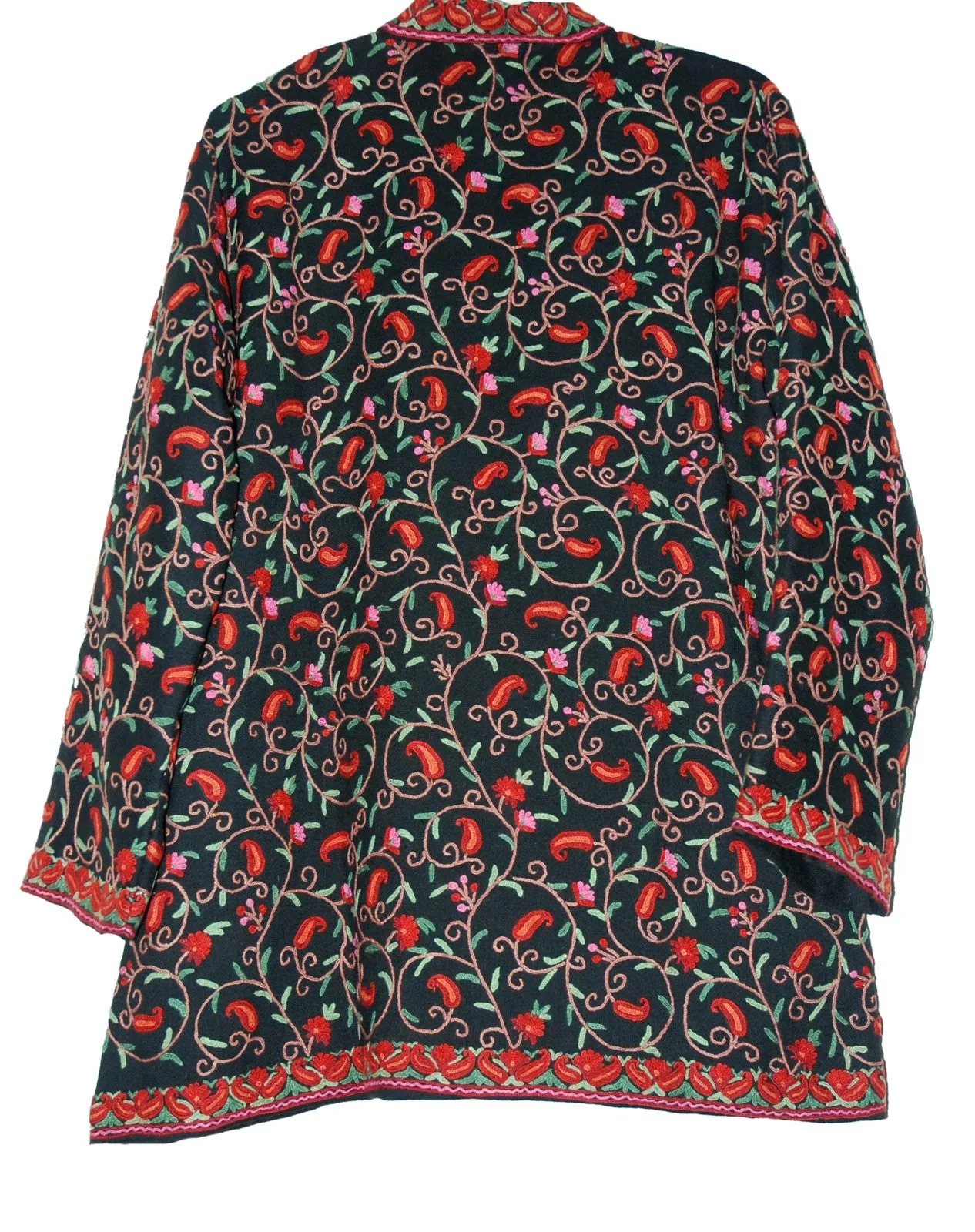Kashmiri Woolen Jacket Black, Multicolor Embroidery #AO-007