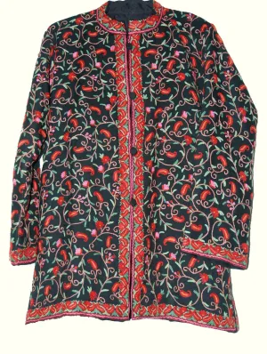 Kashmiri Woolen Jacket Black, Multicolor Embroidery #AO-007