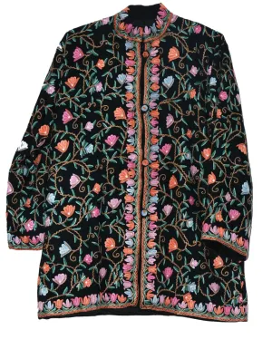 Kashmiri Woolen Jacket Black, Multicolor Embroidery #AO-025