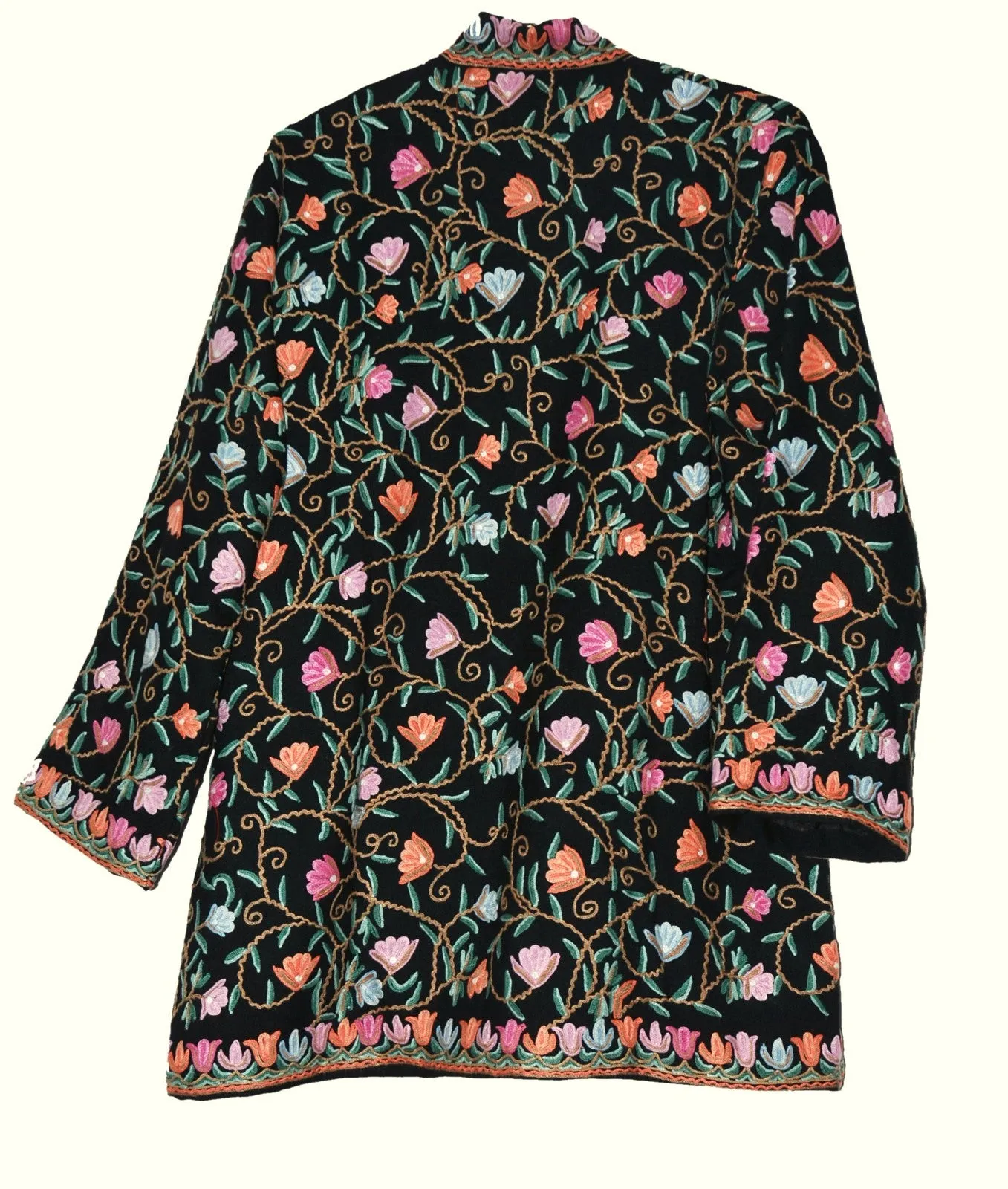 Kashmiri Woolen Jacket Black, Multicolor Embroidery #AO-025