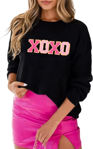 LEMAFER Women 2024 Merry Christmas Round Neck Sequin Letters Sweater Casual Solid Slogan Long Sleeve Pullover Sweatshirt Tops