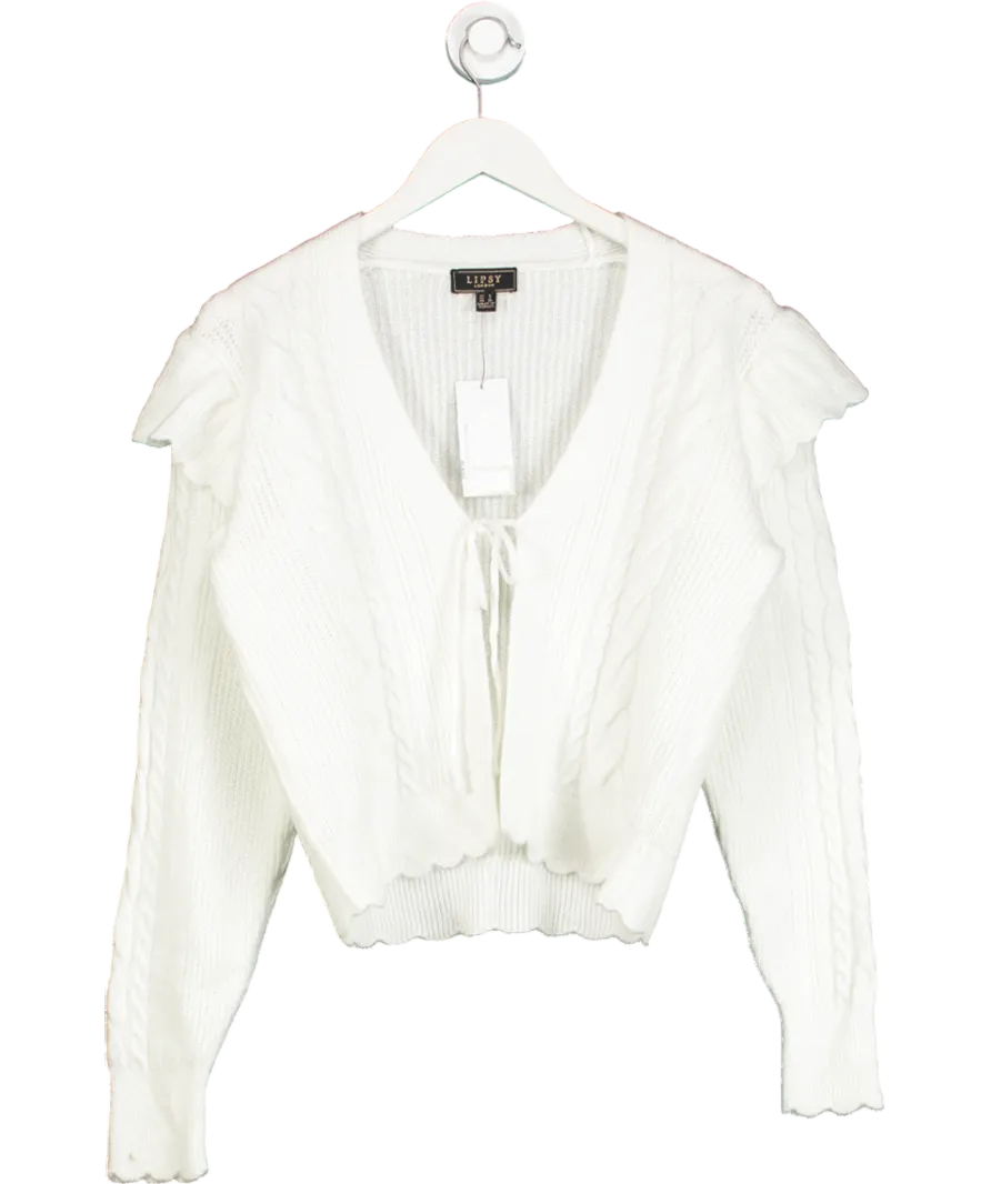 lipsy london White V-neck Scalloped Edge Tie Front Knitted Cardigan UK 8