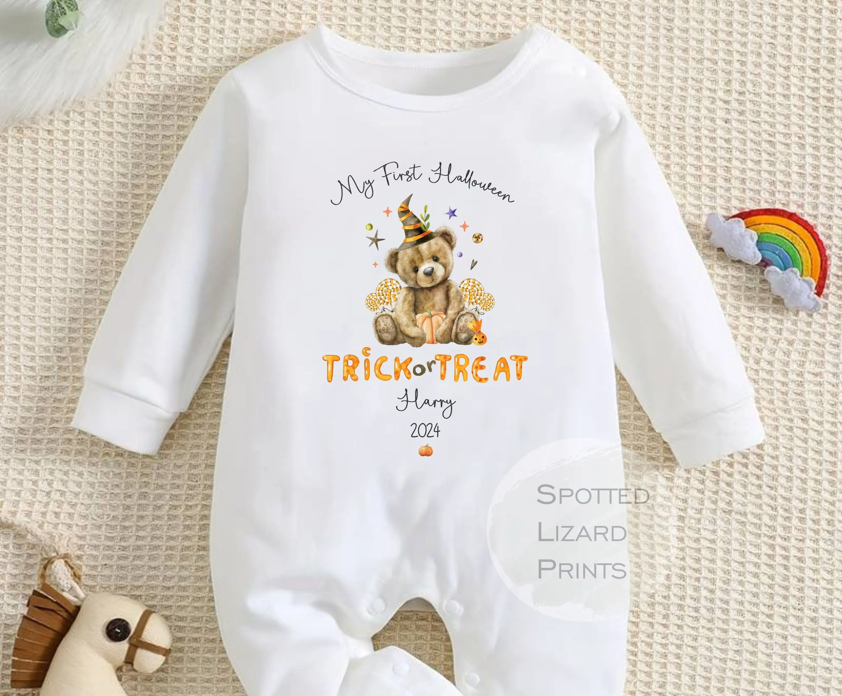 Personalised First Halloween Baby Outfit | My 1st Halloween Sleepsuit or Vest - Halloween Teddy Trick or Treat