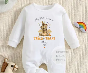 Personalised First Halloween Baby Outfit | My 1st Halloween Sleepsuit or Vest - Halloween Teddy Trick or Treat
