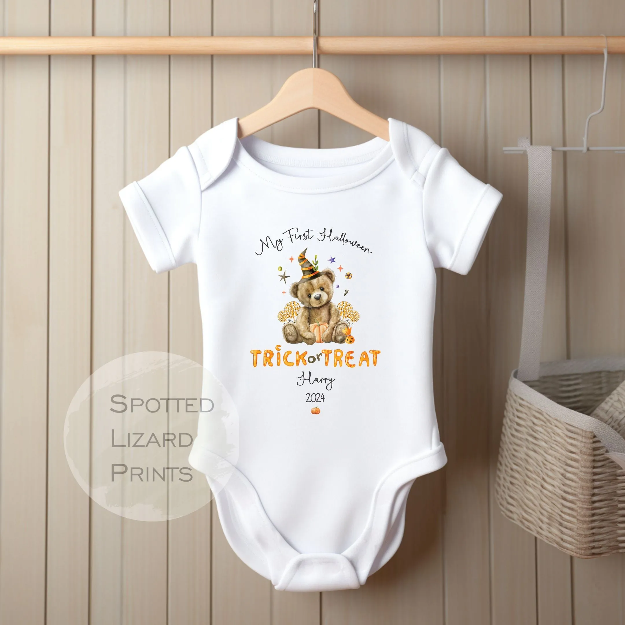 Personalised First Halloween Baby Outfit | My 1st Halloween Sleepsuit or Vest - Halloween Teddy Trick or Treat