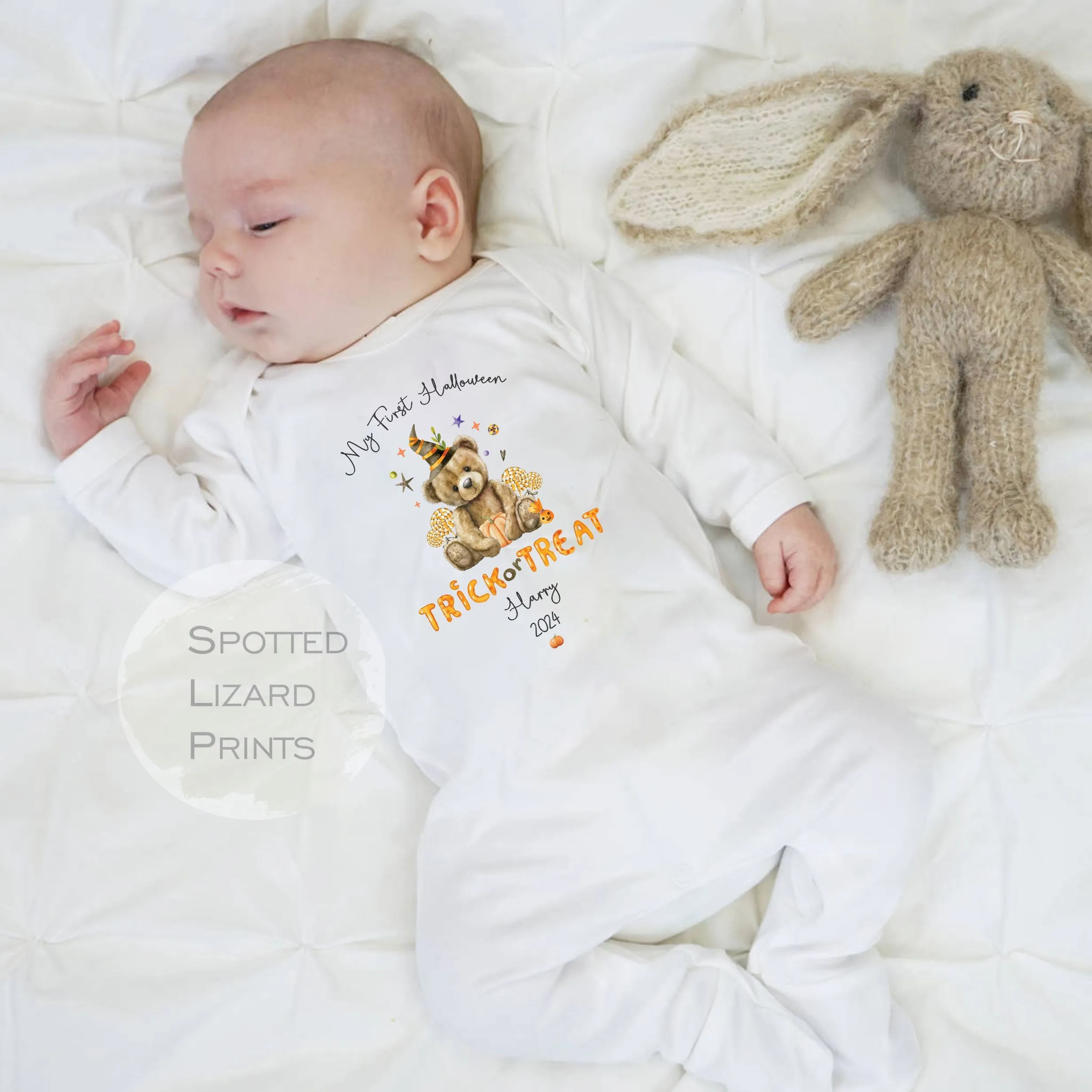 Personalised First Halloween Baby Outfit | My 1st Halloween Sleepsuit or Vest - Halloween Teddy Trick or Treat