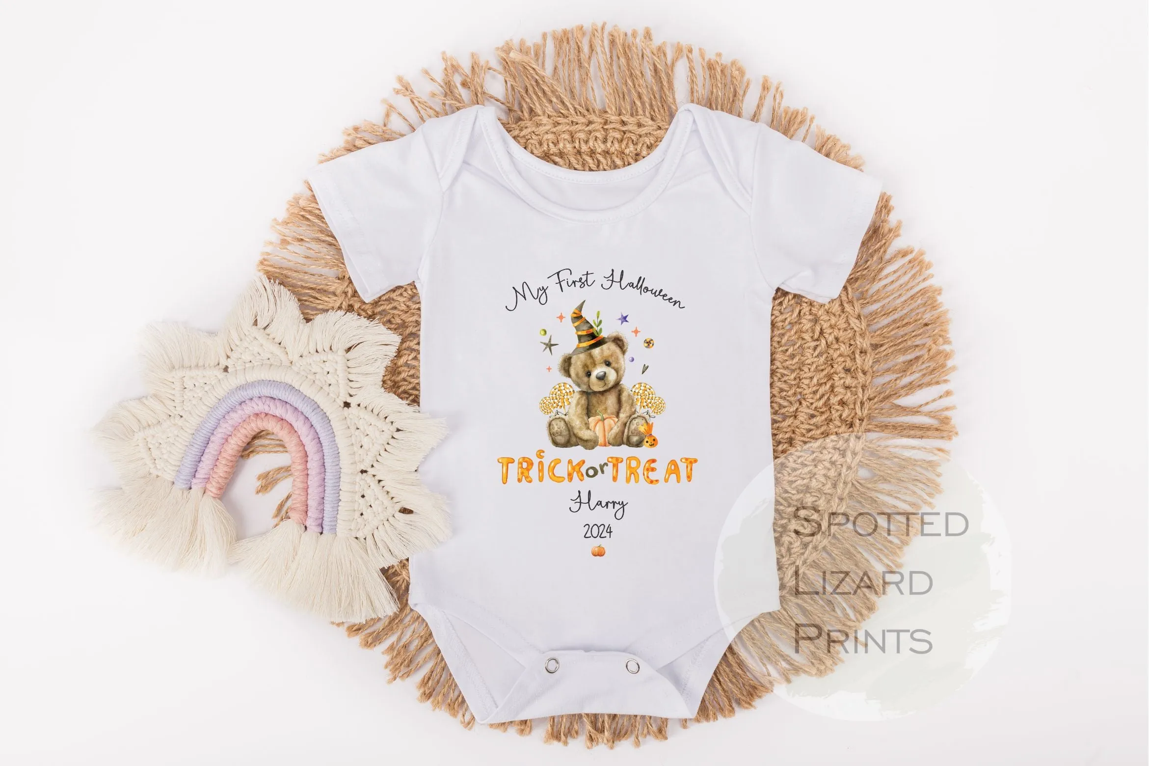 Personalised First Halloween Baby Outfit | My 1st Halloween Sleepsuit or Vest - Halloween Teddy Trick or Treat