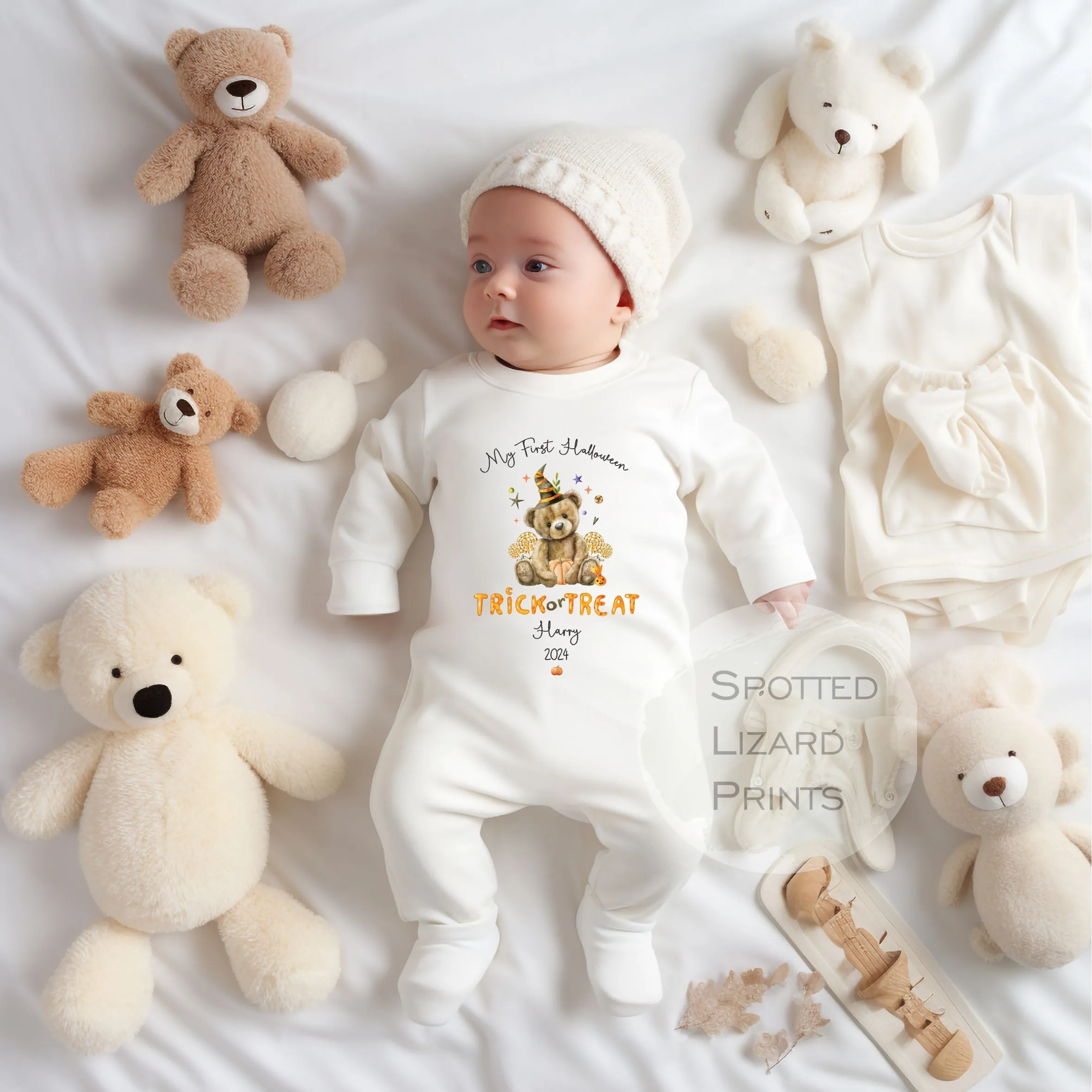 Personalised First Halloween Baby Outfit | My 1st Halloween Sleepsuit or Vest - Halloween Teddy Trick or Treat