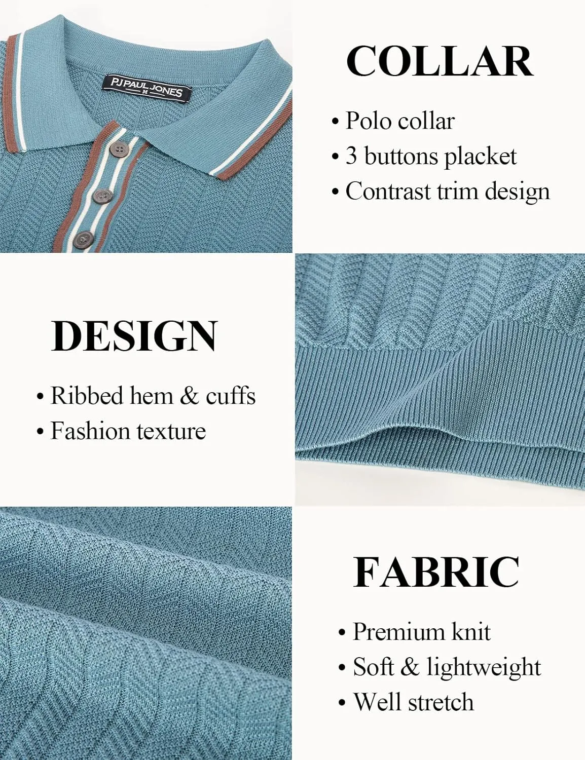 PJ PAUL JONES Mens Knitted Polo Shirts Short Sleeve Textured Pullover Golf Polo T Shirts