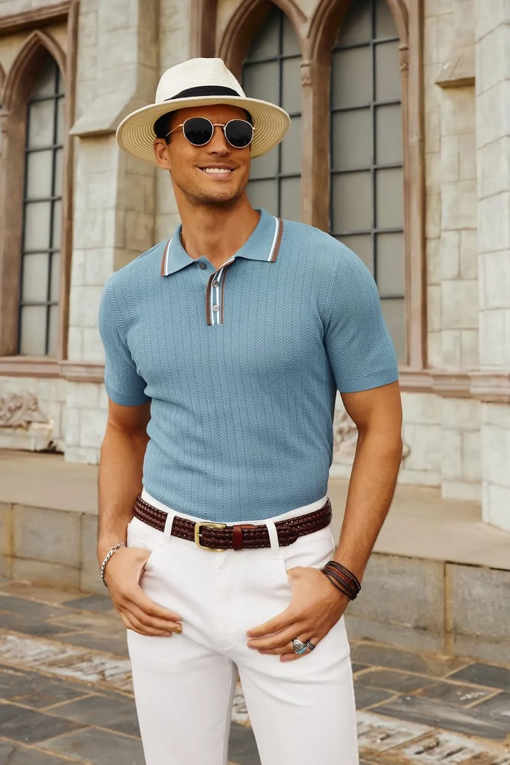 PJ PAUL JONES Mens Knitted Polo Shirts Short Sleeve Textured Pullover Golf Polo T Shirts