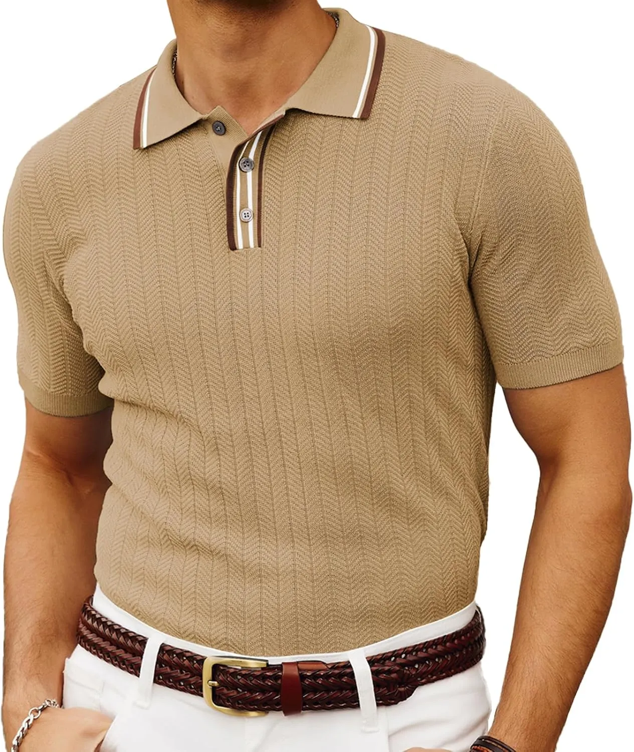 PJ PAUL JONES Mens Knitted Polo Shirts Short Sleeve Textured Pullover Golf Polo T Shirts