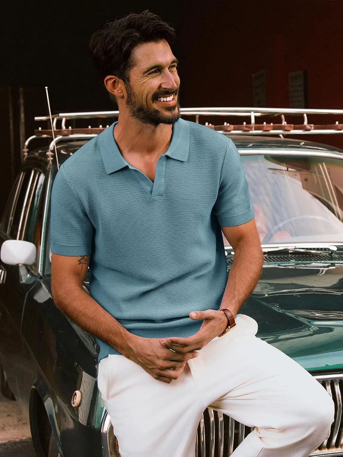 PJ PAUL JONES Mens Polo Shirts Short Sleeve Casual V Neck Ribbed Textured Knit Polo Shirt