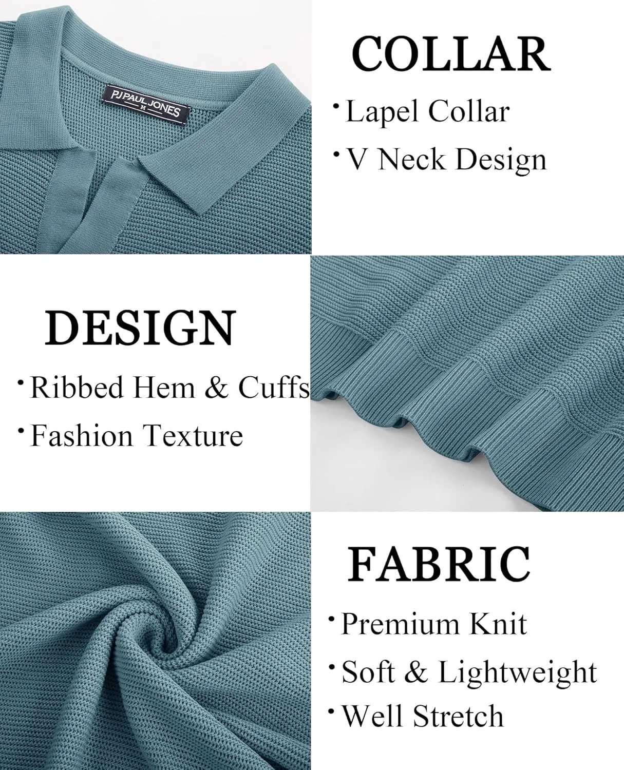 PJ PAUL JONES Mens Polo Shirts Short Sleeve Casual V Neck Ribbed Textured Knit Polo Shirt
