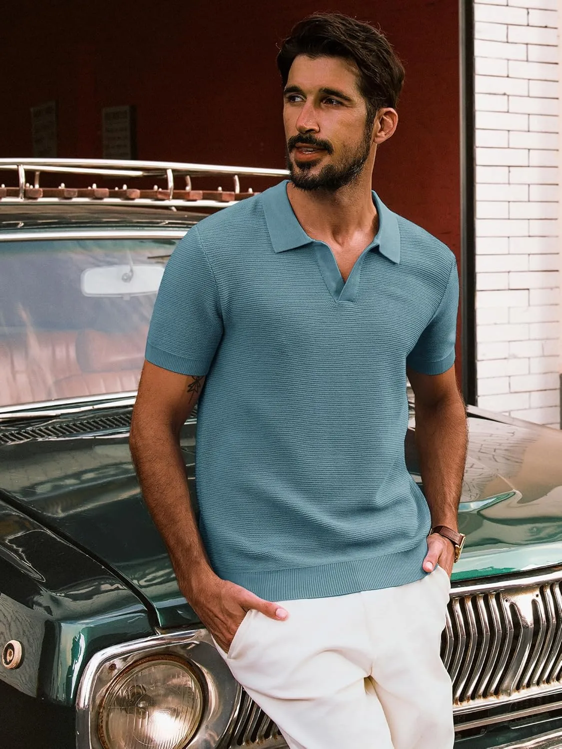 PJ PAUL JONES Mens Polo Shirts Short Sleeve Casual V Neck Ribbed Textured Knit Polo Shirt