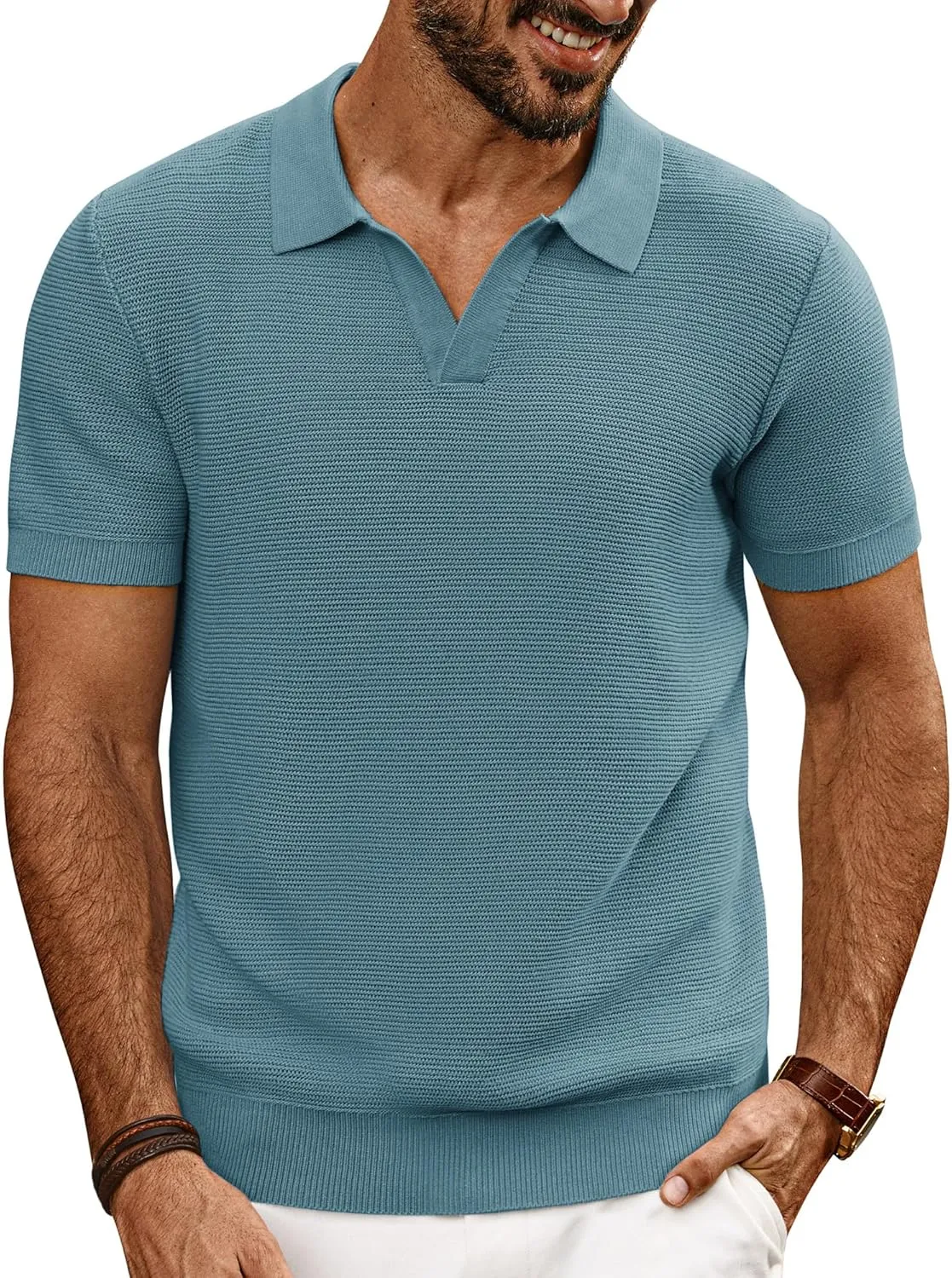 PJ PAUL JONES Mens Polo Shirts Short Sleeve Casual V Neck Ribbed Textured Knit Polo Shirt