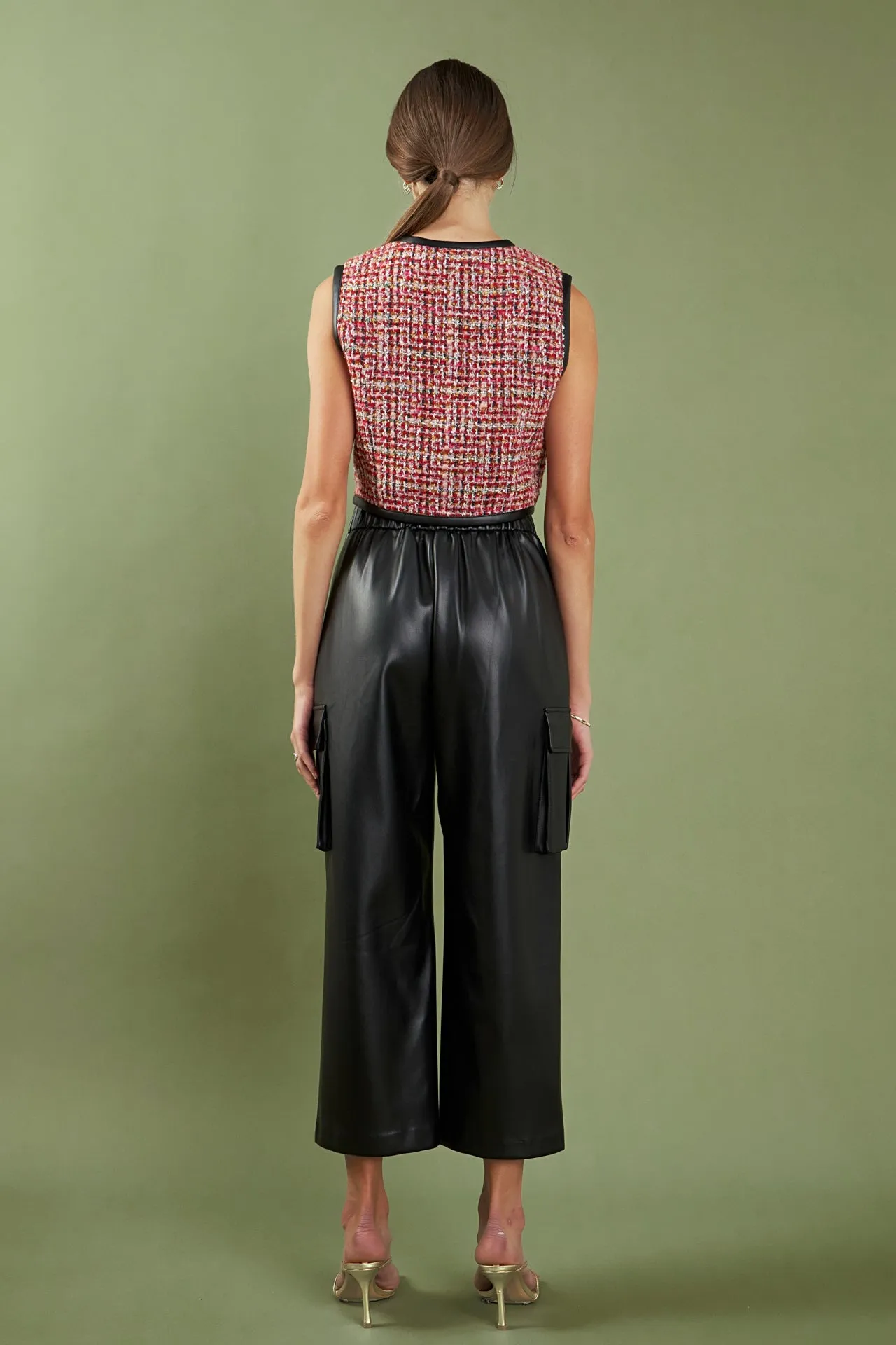 Tweed Vest with Faux Leather Trim