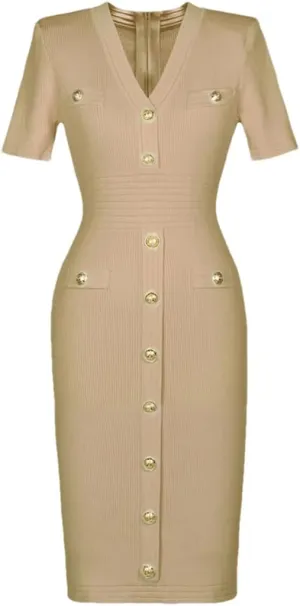 Vsadsau Women's Knitted Dress Short Sleeve Elastic V-Neck Solid Color Buttons Slim Fit Midi Dresses