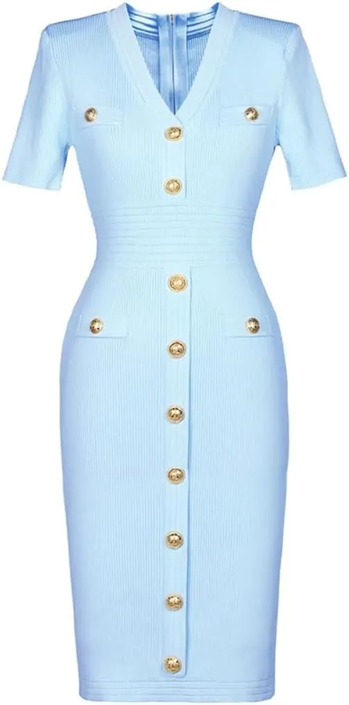 Vsadsau Women's Knitted Dress Short Sleeve Elastic V-Neck Solid Color Buttons Slim Fit Midi Dresses
