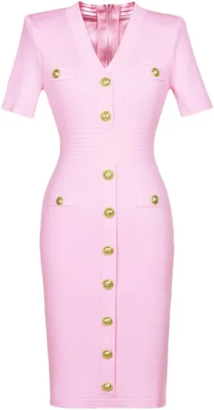 Vsadsau Women's Knitted Dress Short Sleeve Elastic V-Neck Solid Color Buttons Slim Fit Midi Dresses