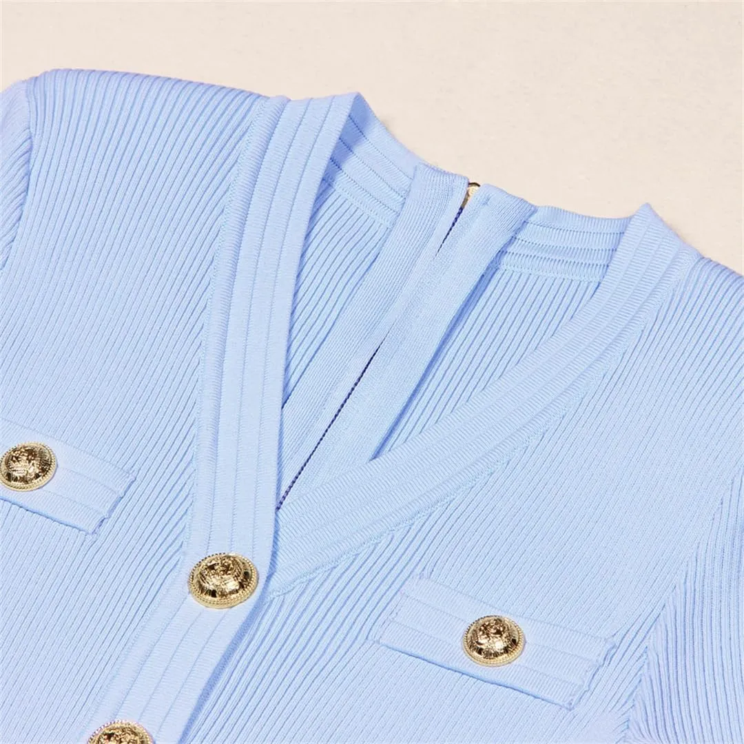Vsadsau Women's Knitted Dress Short Sleeve Elastic V-Neck Solid Color Buttons Slim Fit Midi Dresses