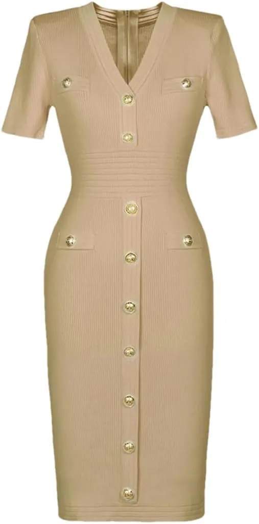 Vsadsau Women's Knitted Dress Short Sleeve Elastic V-Neck Solid Color Buttons Slim Fit Midi Dresses