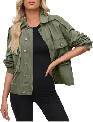 Women Cropped Denim Jackets Military Safari Button Up Lightweight Oversized Utility Anorak Cargo Jackets with Pockets