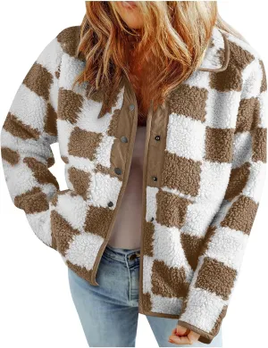 Womens Buffalo Plaid Checkered Fuzzy Fleece Jackets Plaid Sherpa Shacket Button Down Cardigans Fall Fashion Outerwear