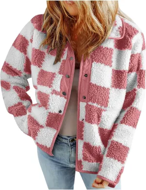 Womens Buffalo Plaid Checkered Fuzzy Fleece Jackets Plaid Sherpa Shacket Button Down Cardigans Fall Fashion Outerwear