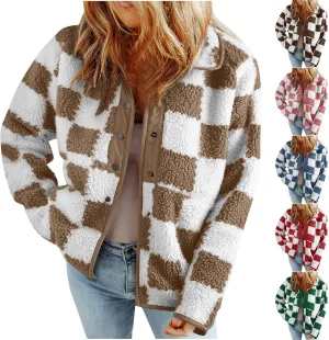 Womens Buffalo Plaid Checkered Fuzzy Fleece Jackets Plaid Sherpa Shacket Button Down Cardigans Fall Fashion Outerwear