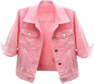 Womens Cropped Denim Jacket Button Down Jean Jacket Lightweight Trucker Coat Casual 3/4 Sleeve Tops with Pockets