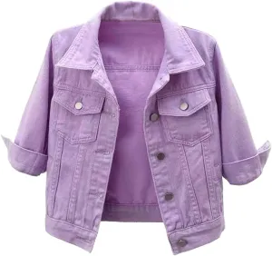 Womens Cropped Denim Jacket Button Down Jean Jacket Lightweight Trucker Coat Casual 3/4 Sleeve Tops with Pockets