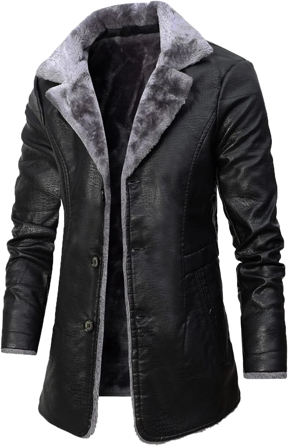 yardsong Men's Winter Coats Faux Fur Lined Faux Leather Casual Trench Coats Button Down Notched Lapel Collar Jackets
