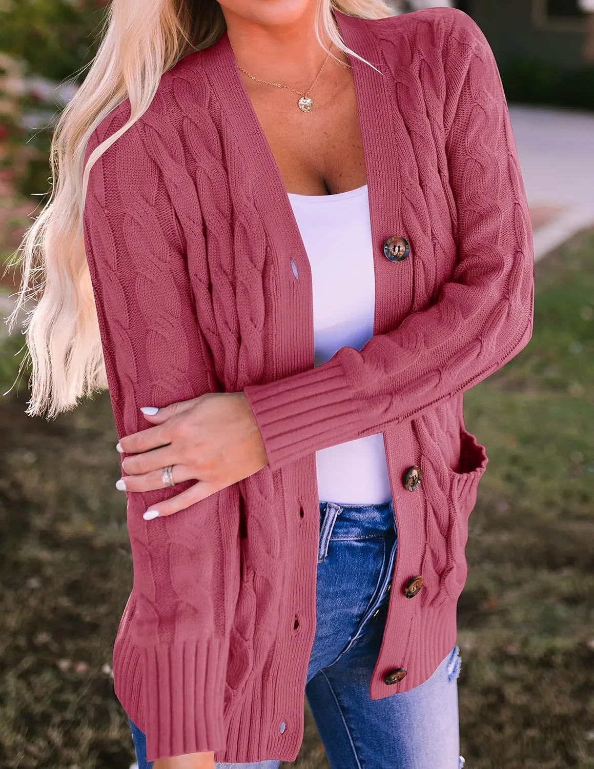 ZESICA Women's Fall Casual Long Sleeve Button Down Open Front Cable Knit Cardigan Sweater Coat