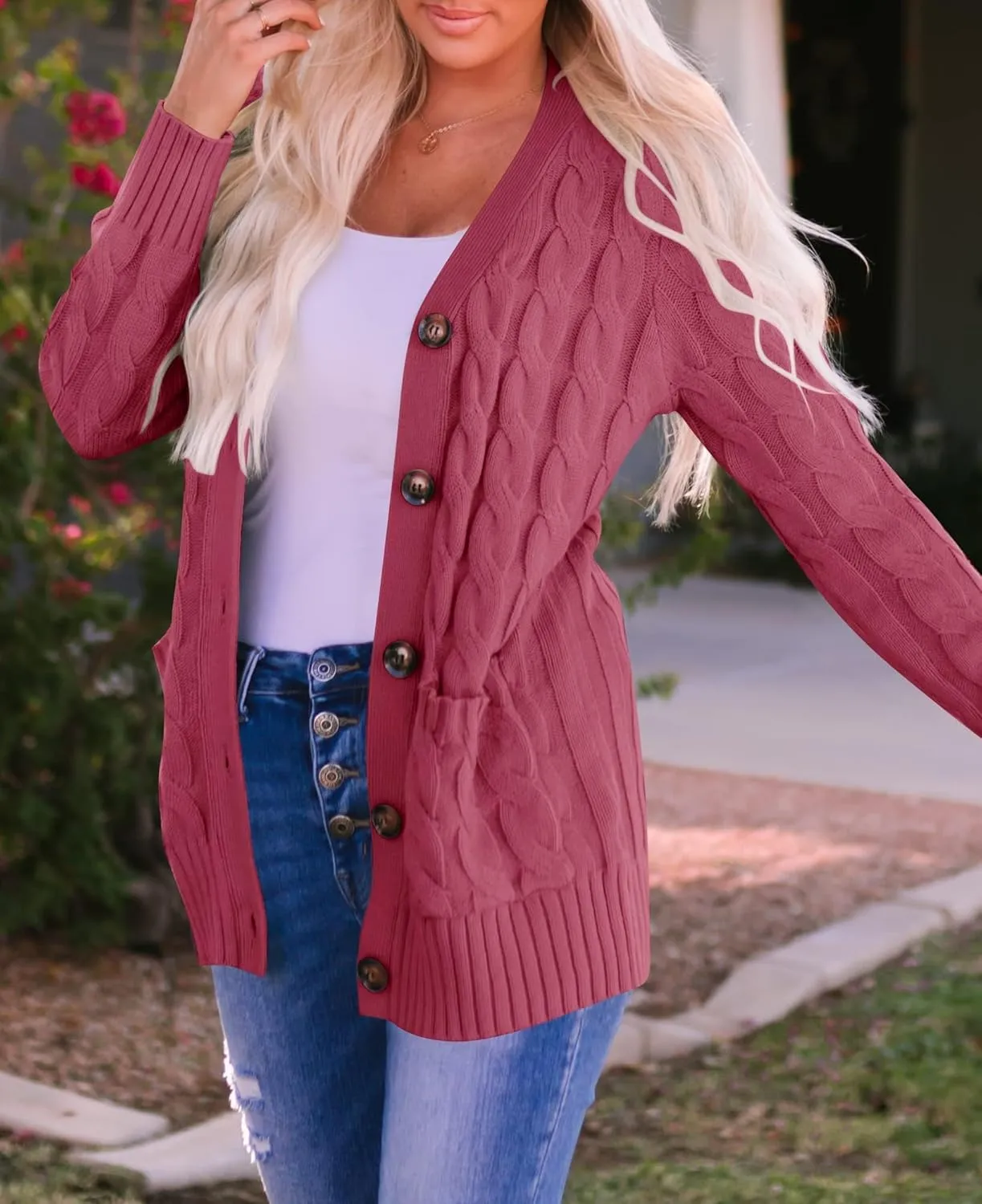 ZESICA Women's Fall Casual Long Sleeve Button Down Open Front Cable Knit Cardigan Sweater Coat